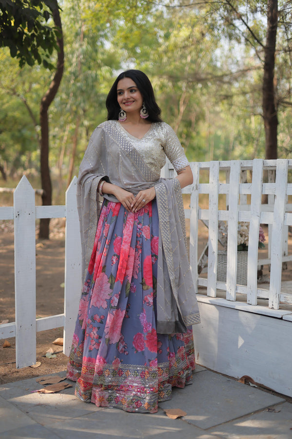 Wedding Wear Multi Color Printed Heavy Sequins And Thread Embroidered Work Designer Lehenga Choli
