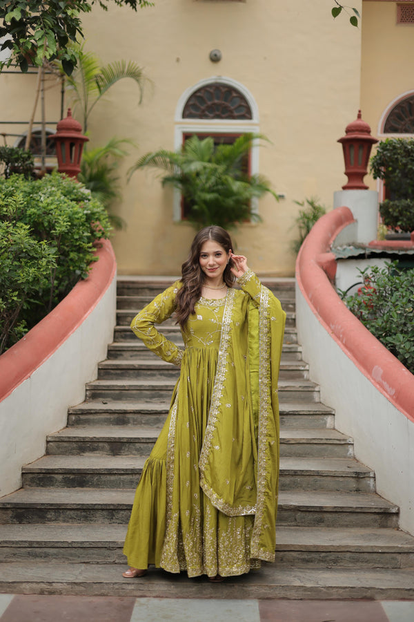 Wedding Wear Sequins Embroidered Work Parrot Green Color Kurti With Sharara