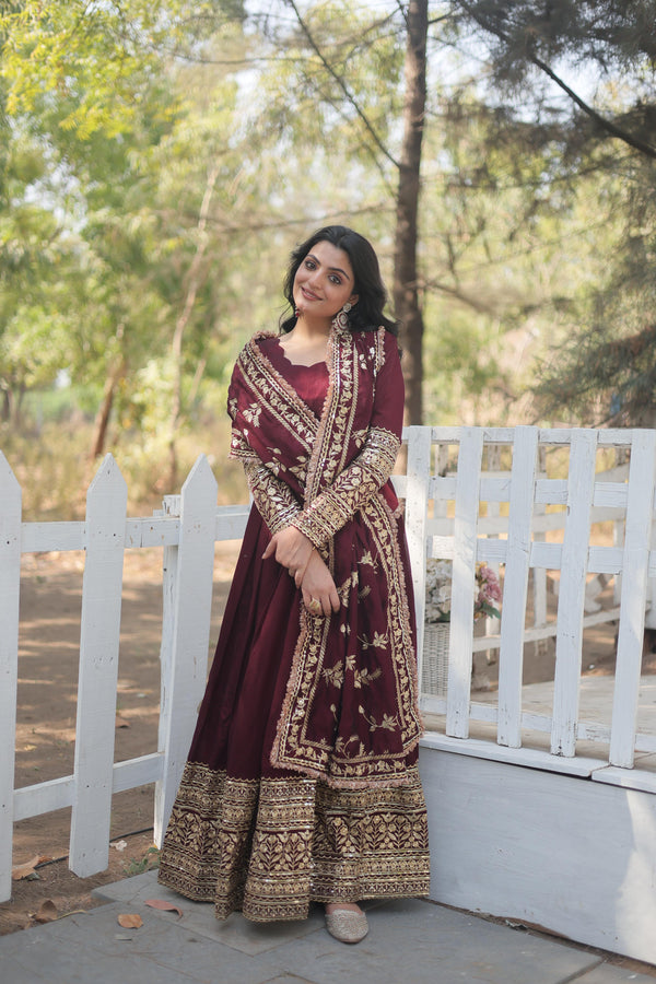 Wedding Wear Dark Maroon Color Sequins And Embroidered Work Designer Gown