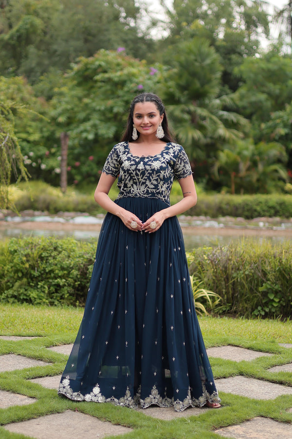 Festive Wear Teal Blue Color Sequins Embroidered Work Designer Gown