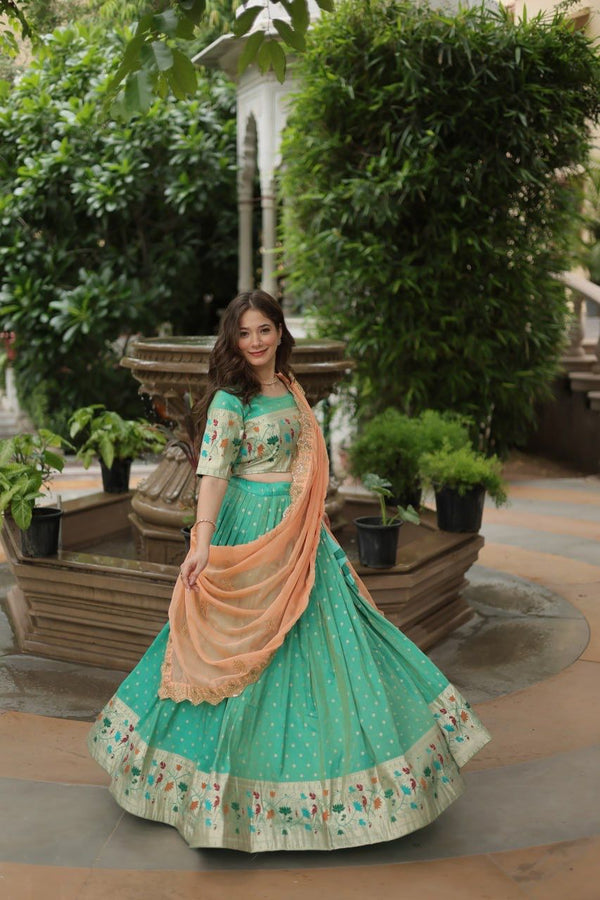Beautiful Wear Pista Color Cosmos Jacquard Lehenga Choli With Russian Silk Embroidered Dupatta