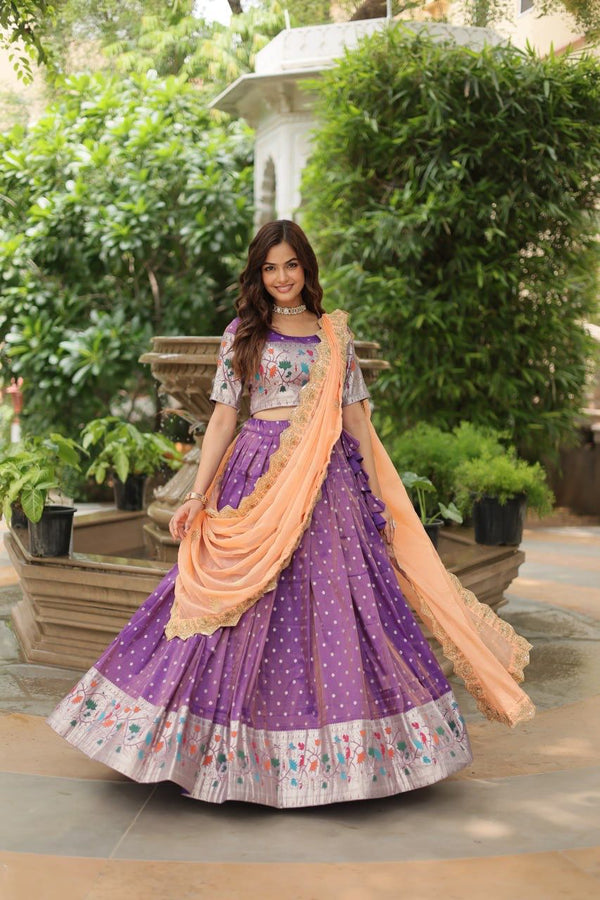 Beautiful Wear Lavender Color Cosmos Jacquard Lehenga Choli With Russian Silk Embroidered Dupatta