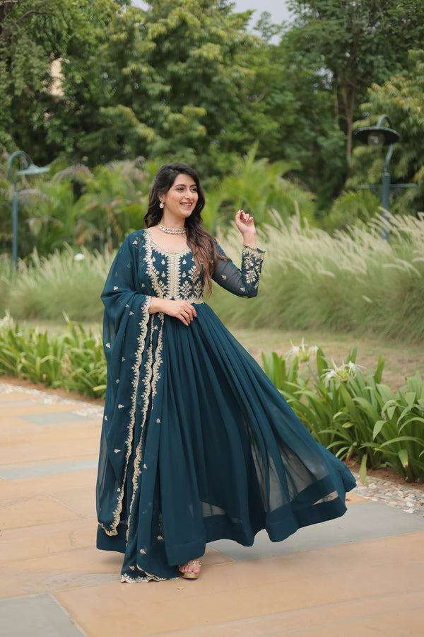Wedding Wear Sequins And Zari Embroidered Work Designer Rama Color Gown
