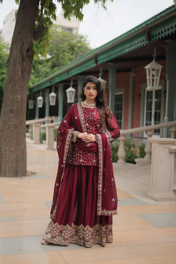 Beautiful Maroon Color Embroidered Work Designer Palazzo Suit