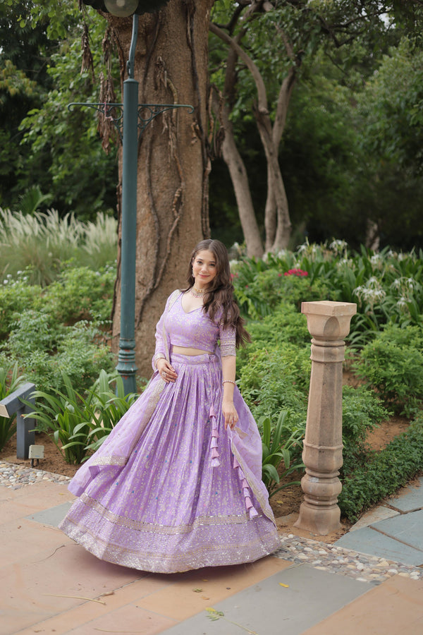Beautiful Lavender Color Pure Dyable Viscose Jacquard With Golden Embroidered Sequins Work Lehenga Choli