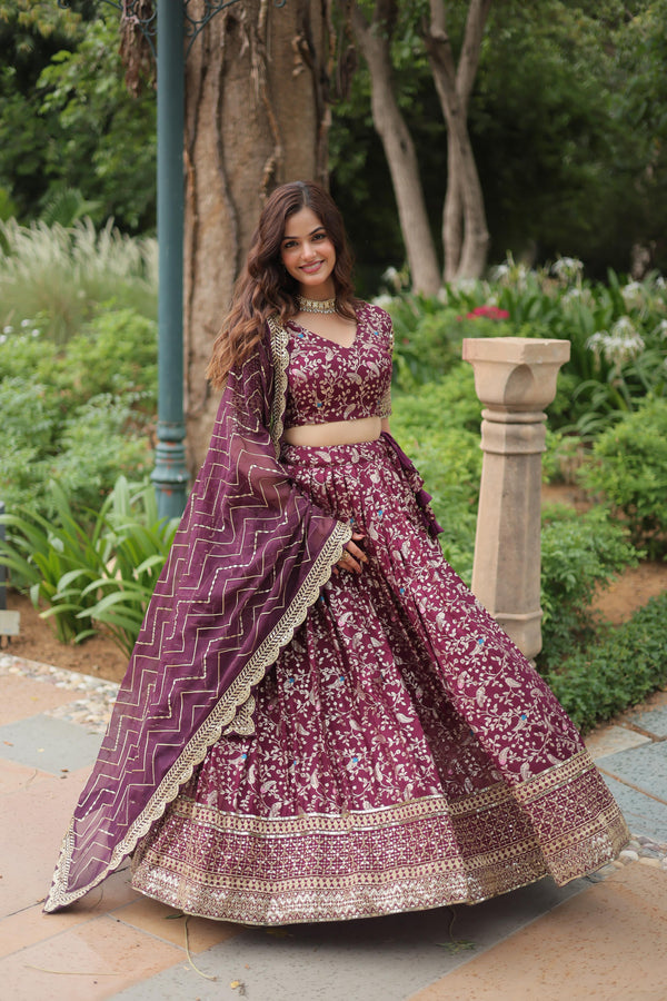 Beautiful Wine Color Pure Dyable Viscose Jacquard With Golden Embroidered Sequins Work Lehenga Choli