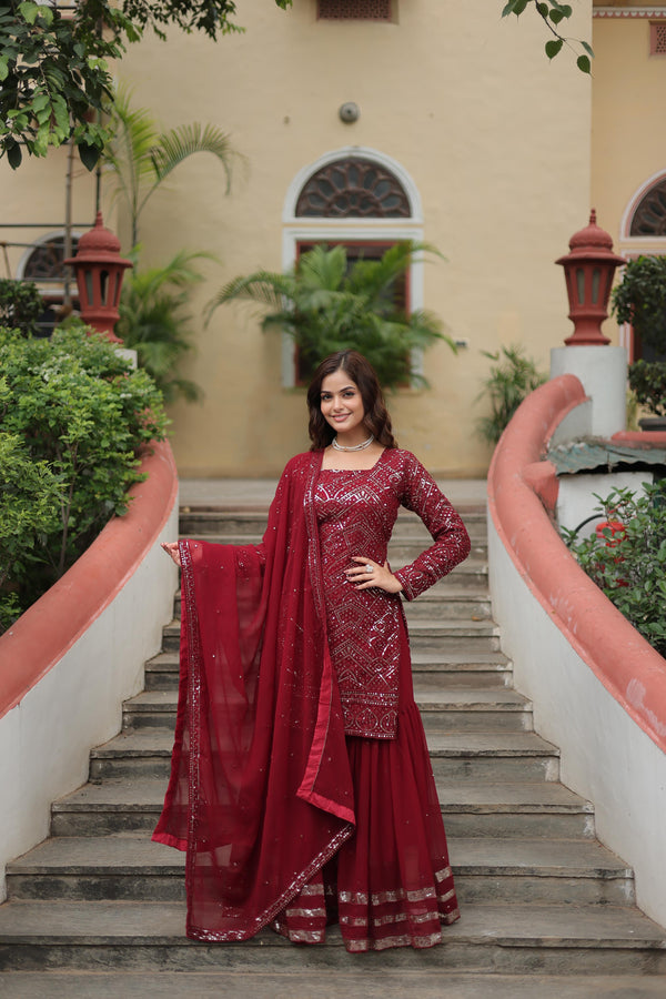Wedding Wear Maroon Color Embroidered Work Designer Sharara Suit