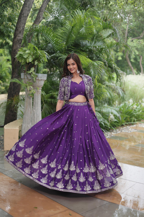 Wedding Wear Purple Color Embroidered Sequins Work Designer Koti With Lehenga Choli