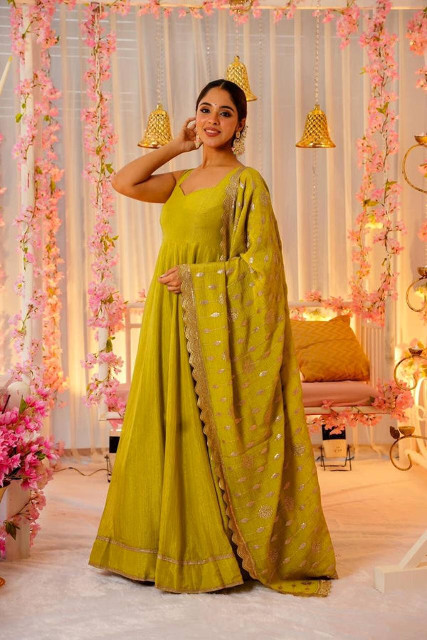 Wedding Wear Lemon Yellow Color Roman Silk Fabric With Sequence Zari Lace Work Beautiful Gown