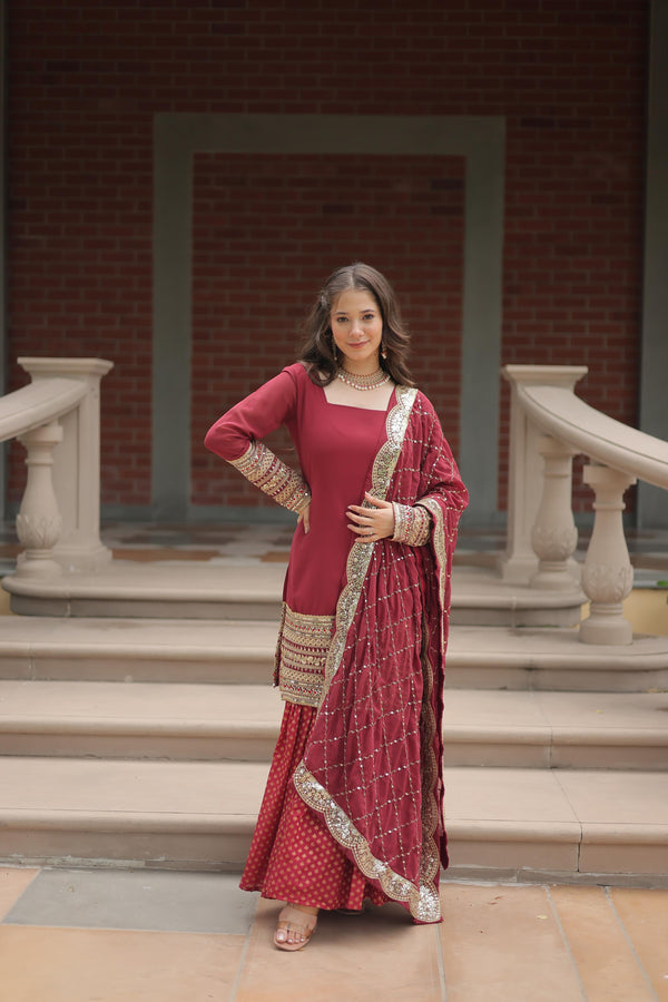Wedding Wear Maroon Color Sequins And Thread Embroidered Work Sharara Suit