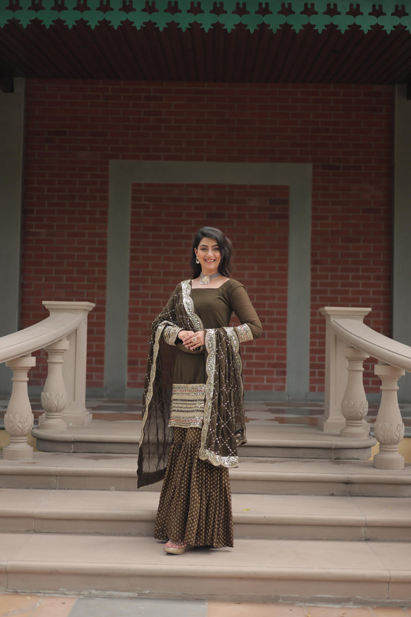 Wedding Wear Mahendi Color Sequins And Thread Embroidered Work Sharara Suit