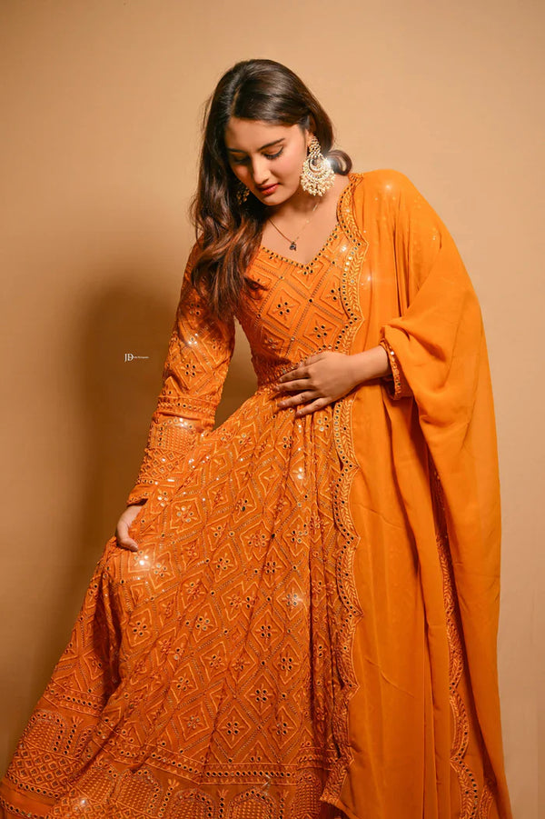 Beautiful Aniska Mustard Yellow Embroidered Georgette Anarkali Fully Stitched Suit Set