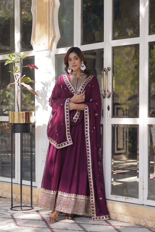 Festive Wear Wine Color Sequins Embroidered Beautiful Gown