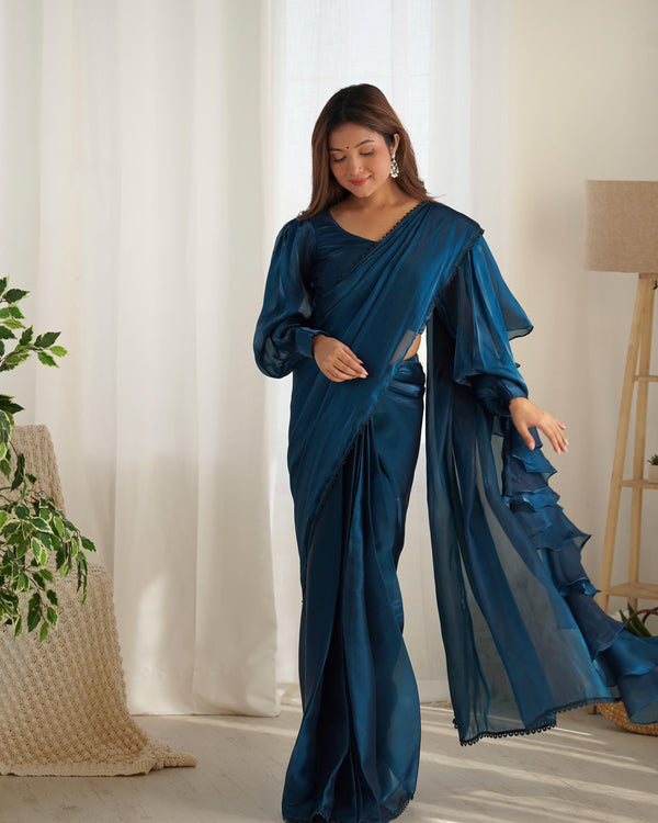 Wedding Wear Blue Color Organza Ready To Wear Saree With Stich Blouse