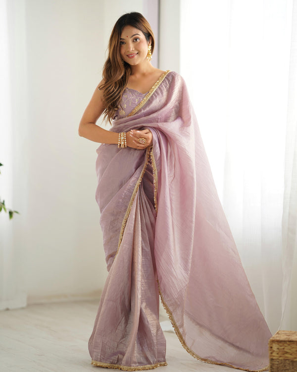 Festive Wear Light Dusty Mauve Color Premium Quality Gold Crush Tissue Silk Fabric With Fancy Border Premium Lace Work Predrapped Saree