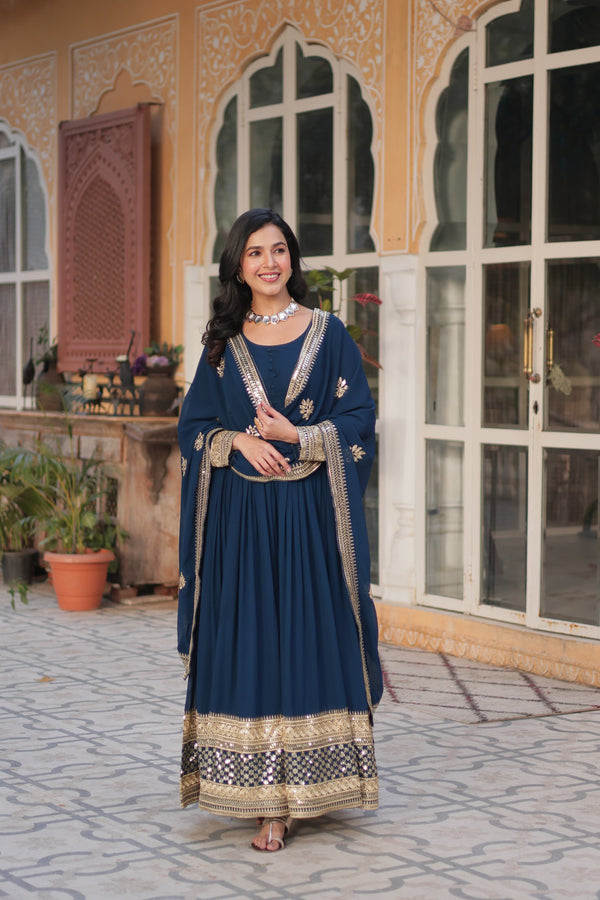 Teal Blue Color Embroidery Sequin Work Designer Gown