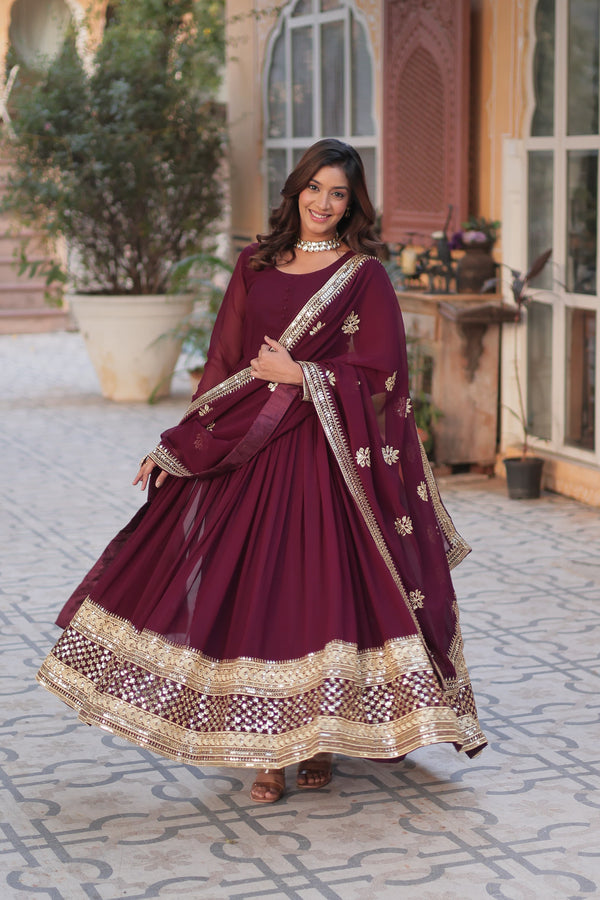 Maroon Color Embroidery Sequin Work Designer Gown