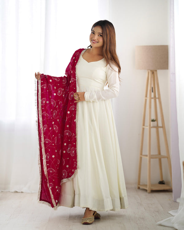 Festive Wear White Color Heavy Pure Vichitra Silk Beautiful Designer Anarkali Gown With Red Dupatta