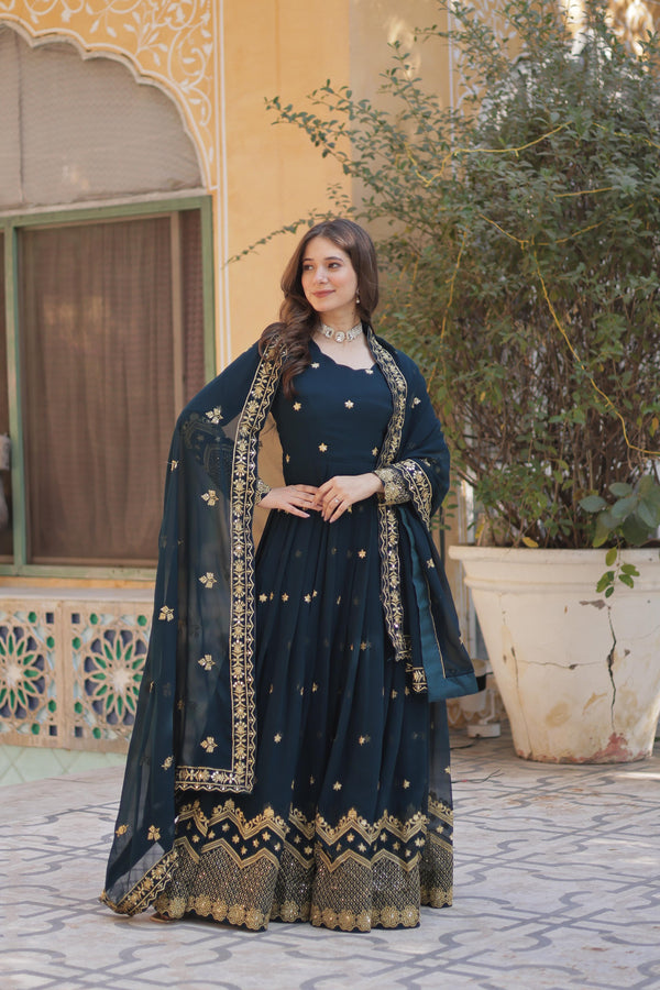 Party Wear Teal Color Zari And Sequins Embroidery Work Gown