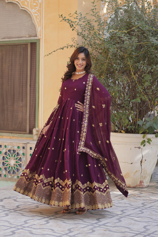 Party Wear Wine Color Zari And Sequins Embroidery Work Gown