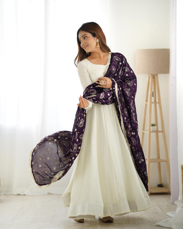 Festive Wear White Color Heavy Pure Vichitra Silk Beautiful Designer Anarkali Gown With Purple Dupatta