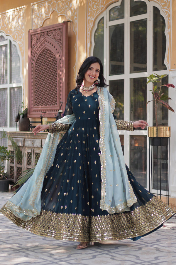 Wedding Wear Teal Green Color Embroidery Zari Sequin Work Designer Gown