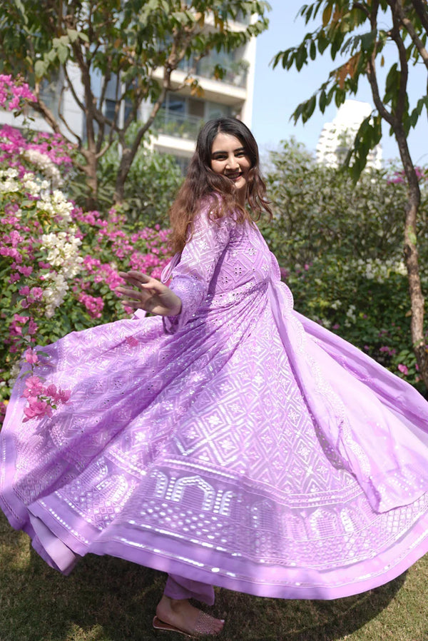 Wedding Wear Vedika's Lavender Color Georgette With All Over Embroidery Sequence Work Anarkali Suit Set