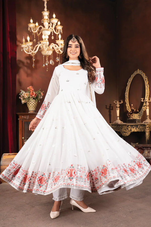 Trendy Designer White Color Faux Georgette With Lucknowi Sequence With Embroidery Work Anarkali Suit
