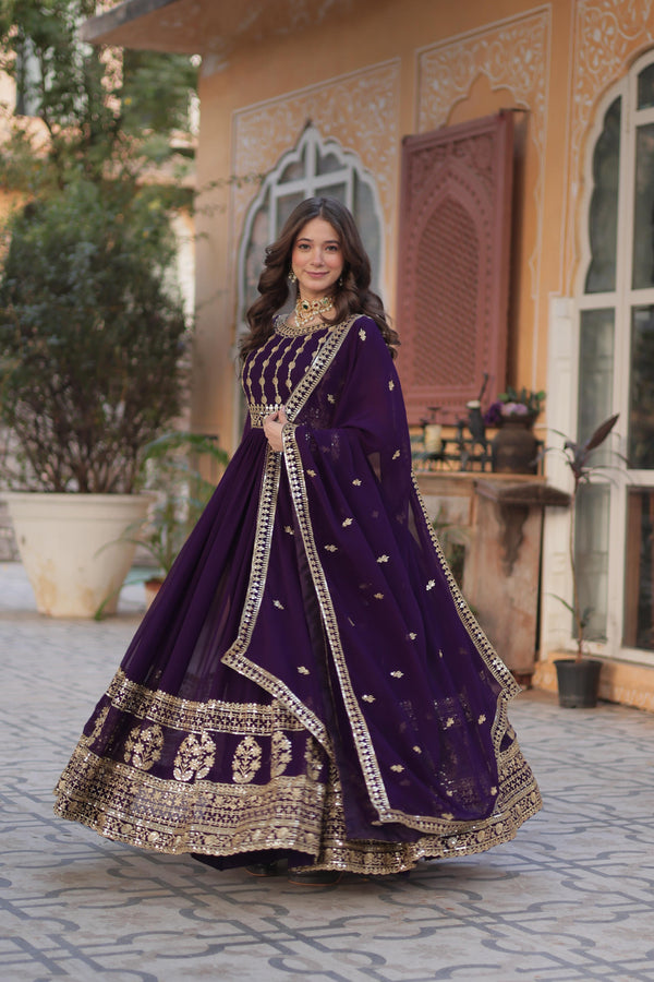 Festive Wear Purple Color Embroidery Sequins Work Designer Gown