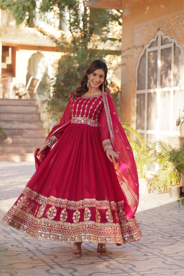 Festive Wear Rani Pink Color Embroidery Sequins Work Designer Gown