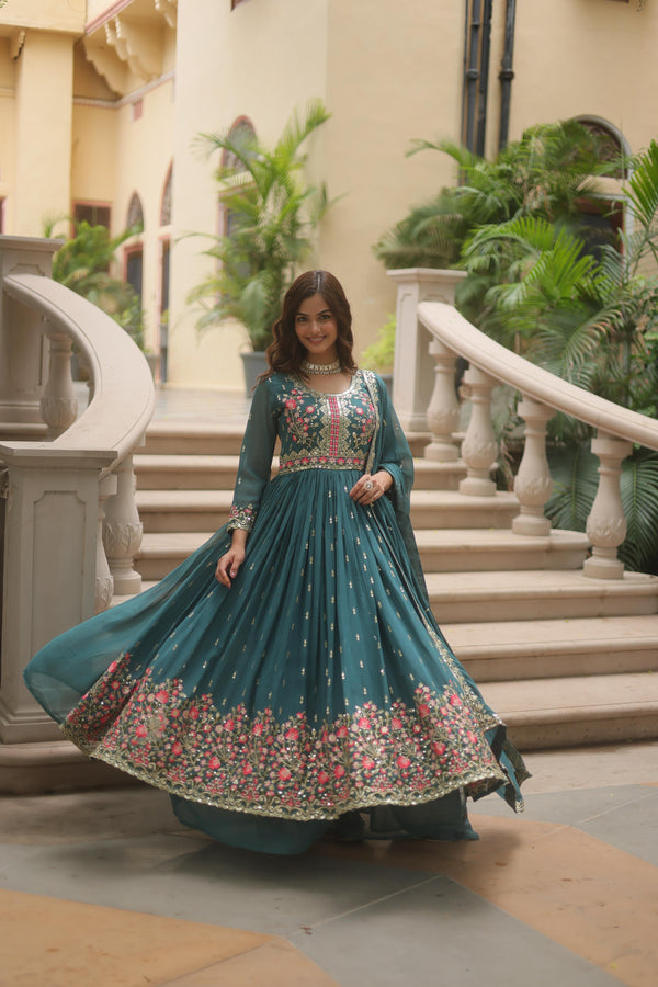 Wedding Wear Teal Green Color Sequins Embroidered Work Kurti With Sharara