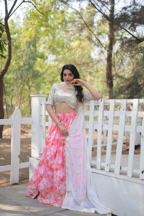 Festive Wear Baby Pink Color Digital Printed With Embroidered Work Lehenga Choli