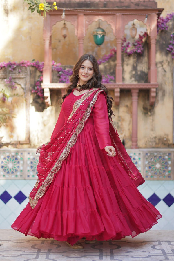 Wedding Wear Dark Pink Color Fully Flair Designer Gown With Dupatta