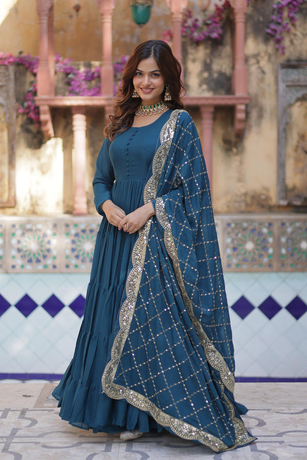 Wedding Wear Teal Color Fully Flair Designer Gown With Dupatta