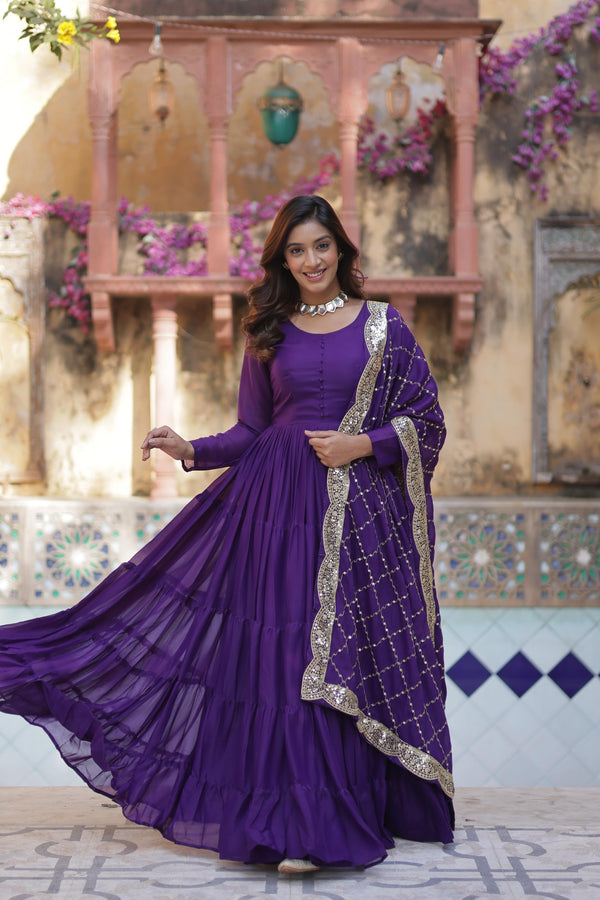 Wedding Wear Purple Color Fully Flair Designer Gown With Dupatta