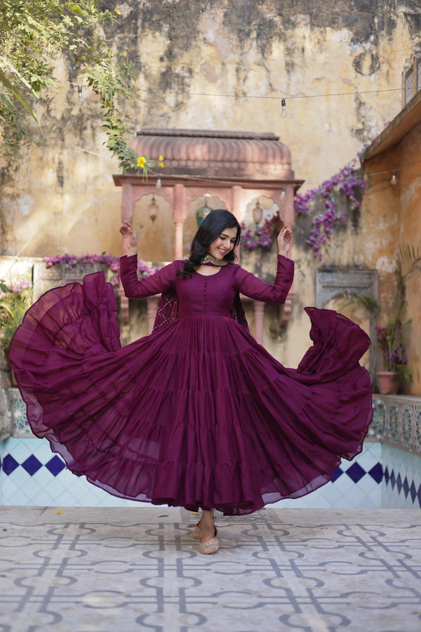 Wedding Wear Wine Color Fully Flair Designer Gown With Dupatta