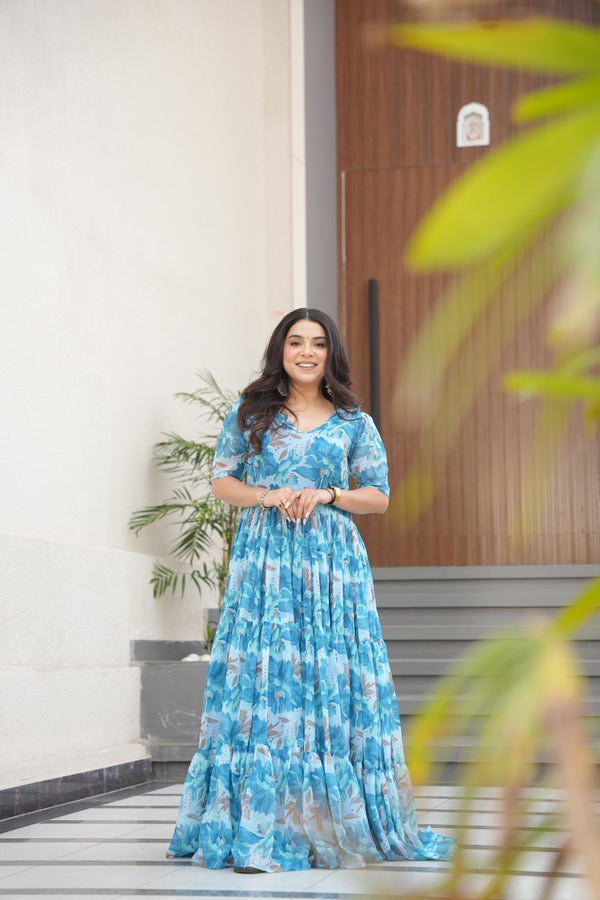 Attractive Sky Color Printed Designer Gown