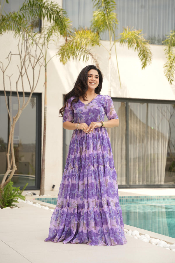 Attractive Purple Color Printed Designer Gown