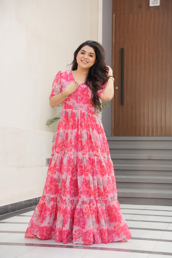 Attractive Peach Color Printed Designer Gown