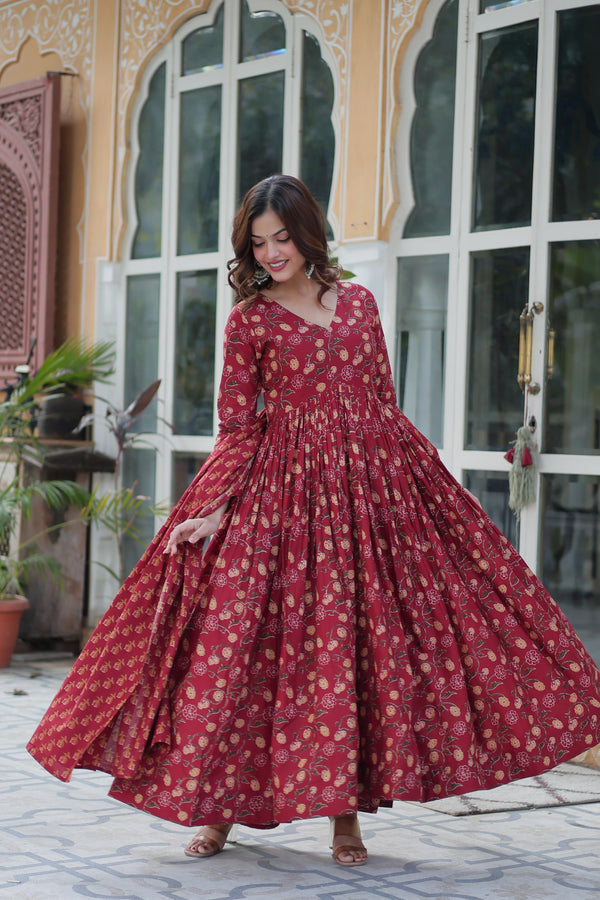 Delightful Maroon Color Pure Cotton Designer Anarkali Suit