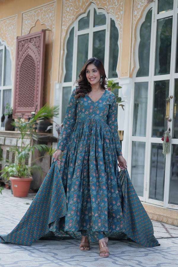Delightful Sky Blue Color Pure Cotton Designer Anarkali Suit