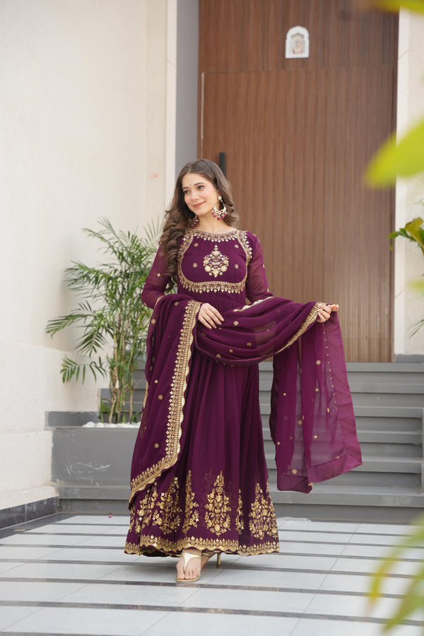 Exclusive Wine Color Sequins Embroidery Designer Gown