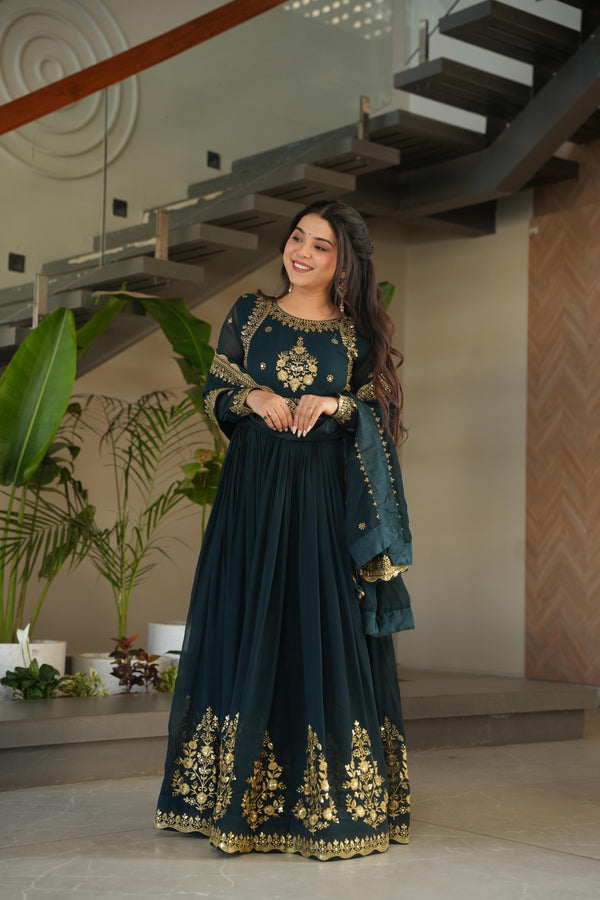 Exclusive Teal Green Color Sequins Embroidery Designer Gown