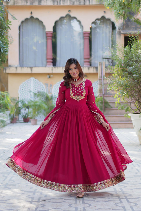 Admiring Pink Color Sequins Embroidered Work Designer Gown