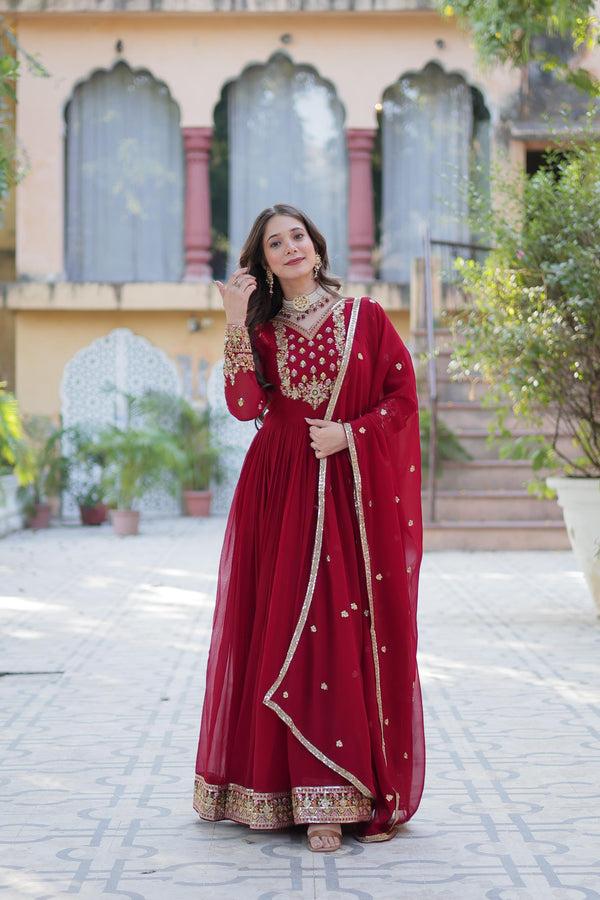 Wedding Wear Maroon Color Sequins Embroidered Work Designer Gown