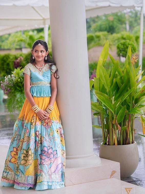 Gorgeous Sky Blue Color Designer Kediya Style Kids Lehenga Choli
