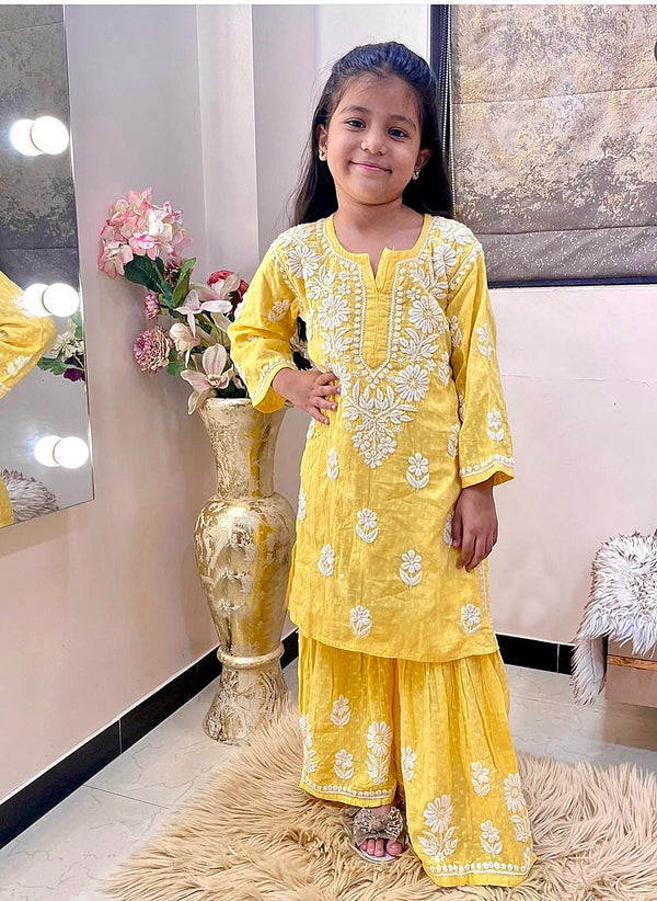 Designer Yellow Color Rayon Cotton Embroidered Top with Fancy Sharara