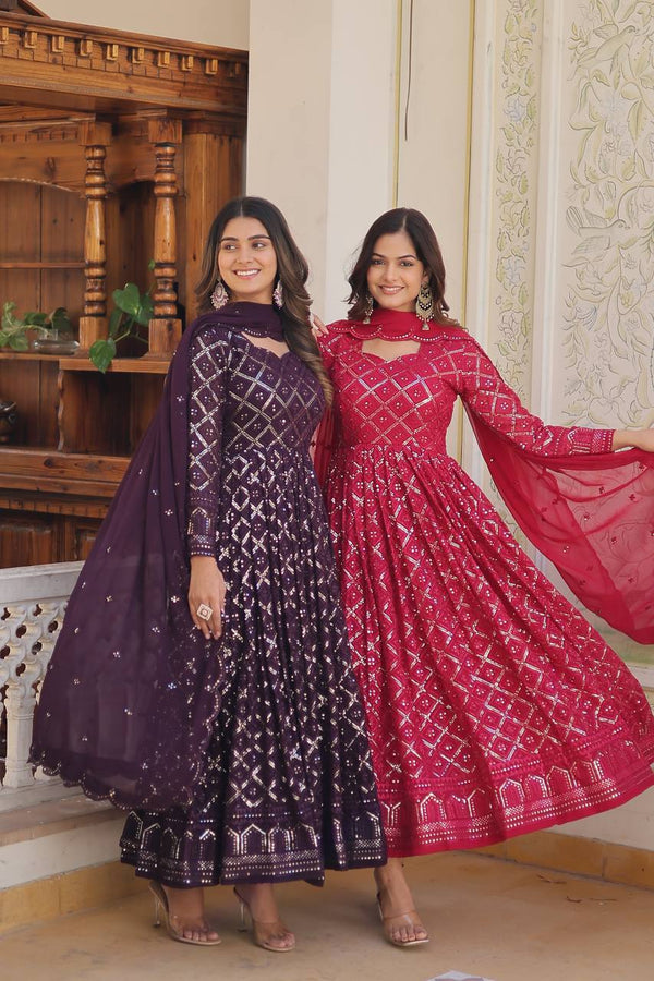Wedding Wear Pink And Wine Color Georgette Fabric With All Over Embroidery And 9mm Sequence Work Beautiful Anarkali Suit