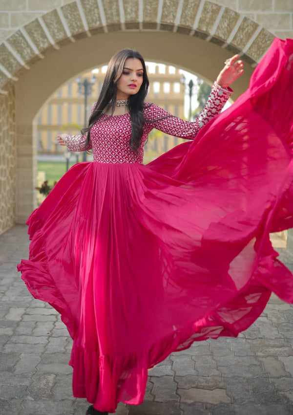 Ceremony Wear Pink Color Faux Blooming With Sequence Work Designer Gown