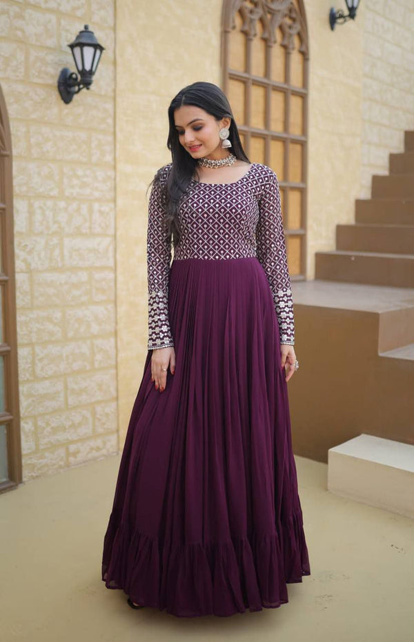 Ceremony Wear Wine Color Faux Blooming With Sequence Work Designer Gown